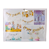 Happy Birthday Banner displaying party decorations, cakes, and festive balloons for a joyful celebration.